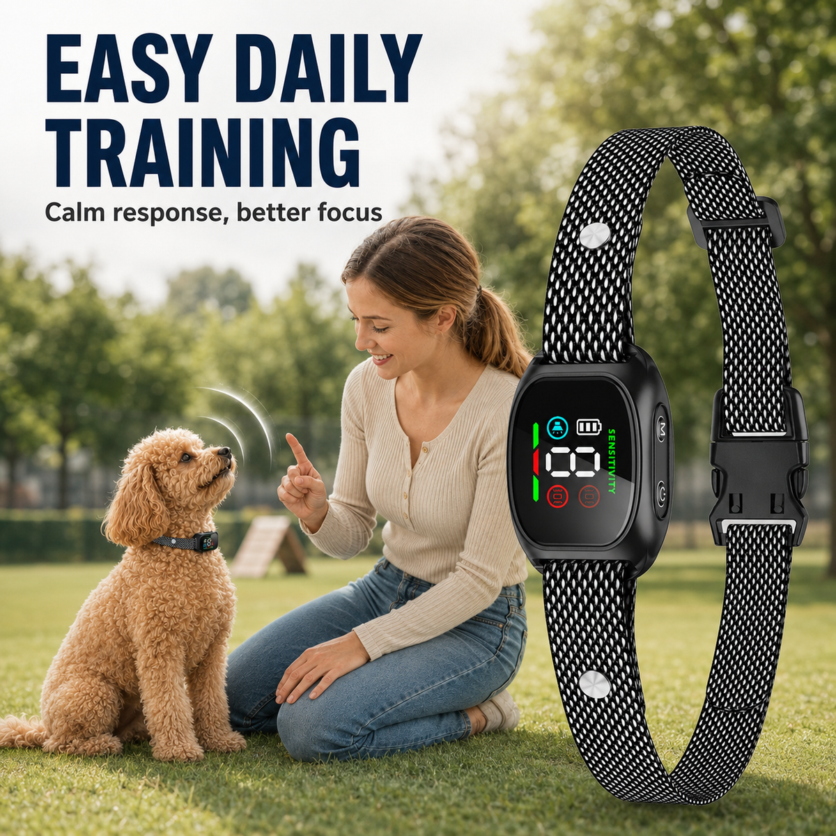 Owner calmly training a small dog wearing the black anti-bark collar